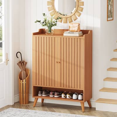 Entryway Slim Shoe Storage Cabinet with Adjustable Shelves and Open Shelf
