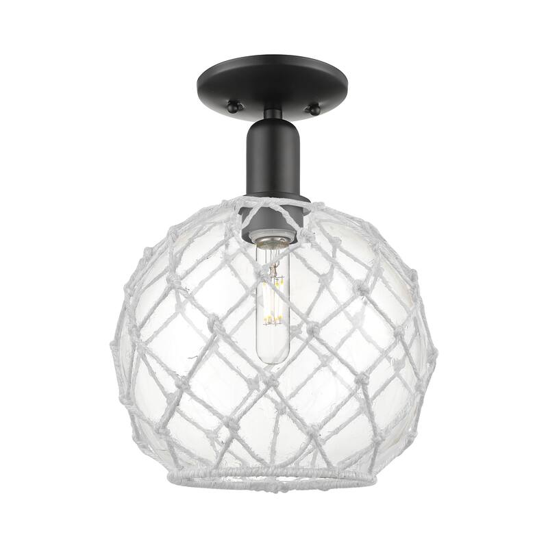 Innovations Lighting 716-1C-14-10 Farmhouse Rope Semi-Flush Farmhouse - Matte Black / Clear Glass with White Rope