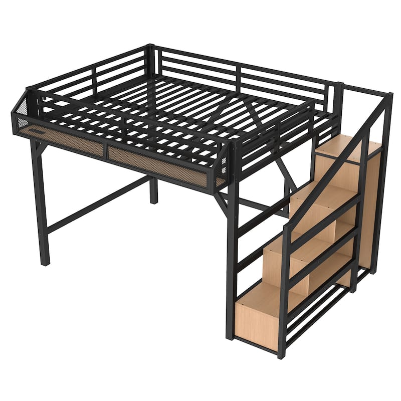 Full Loft Bed with Storage Stairs, Shelves and Built-in Wardrobe, Metal Loft Bed Frame with USB Ports and LED Lights