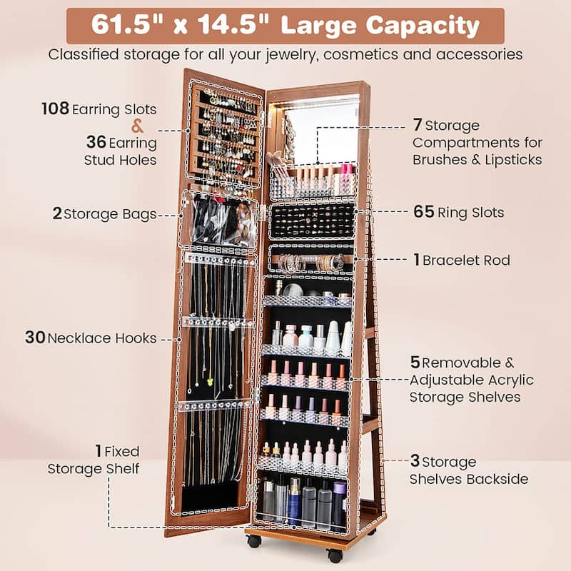 Gymax 64'' Jewelry Organizer Lockable Jewelry Cabinet Armoire w/