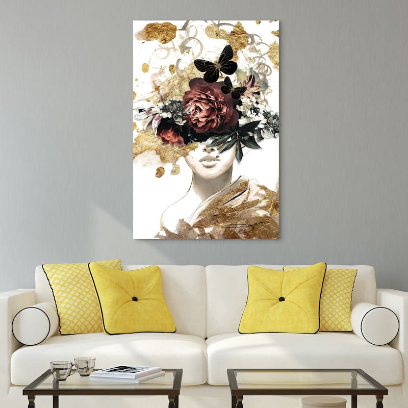 "Woman in Garden" Frameless Free Floating Tempered Glass with Gold Covered Panel Graphic Wall Art 48 in. x 32 in.