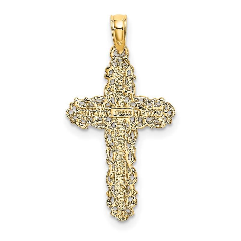 Curata 14k Yellow Gold Filigree Lace Trim Cross Pendant Necklace 16mm x 21.3mm