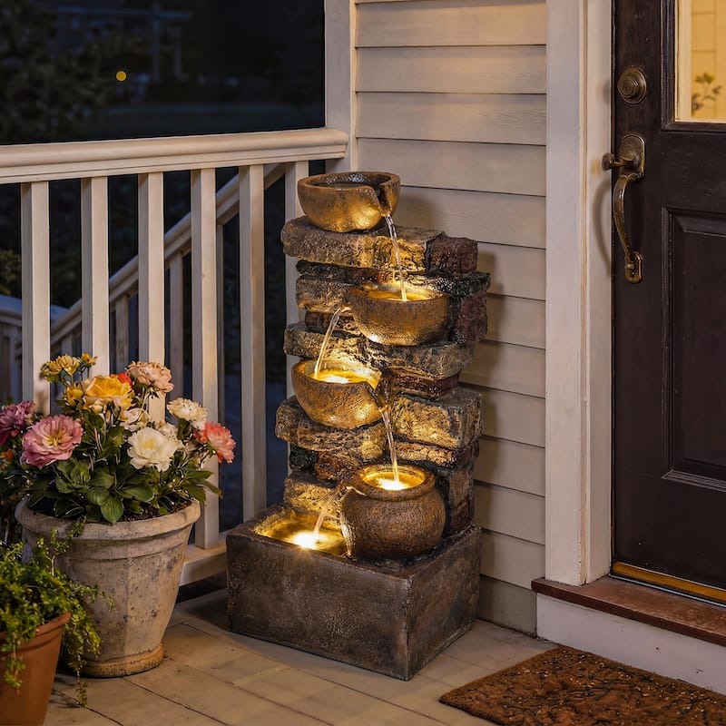Outsunny 28" Outdoor Fountain with 5-Tier Rustic Jugs and Rock, Cascading Waterfall with LED Lights, Adjustable Flow