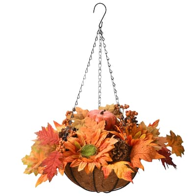 National Tree Company Hanging Basket with Maple Leaves, 3 Sunflowers, 3 Cones, 3 Berries & 1 Pumpkin, 18 inches - 18 in