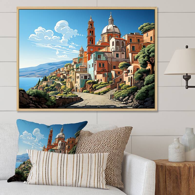 Designart "Italian Village By The Coast II" Landscape Italy Green Wall Decor - Global Entryway Framed Wall Art - 32 in. wide x 24 in. high - White
