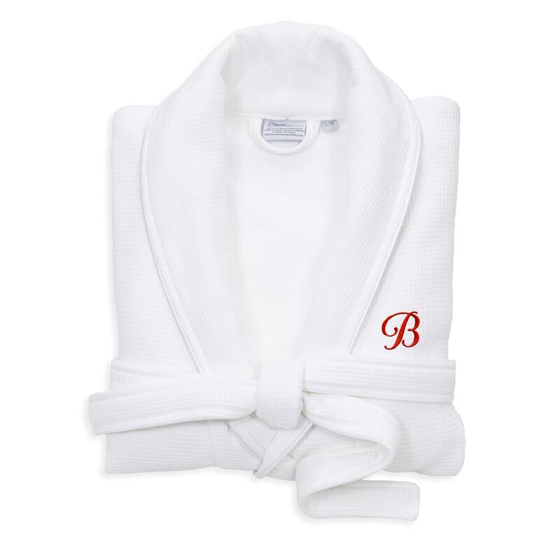 Authentic Hotel and Spa White Unisex Turkish Cotton Waffle Weave Terry Bath Robe with Red Script Monogram - S/M - B