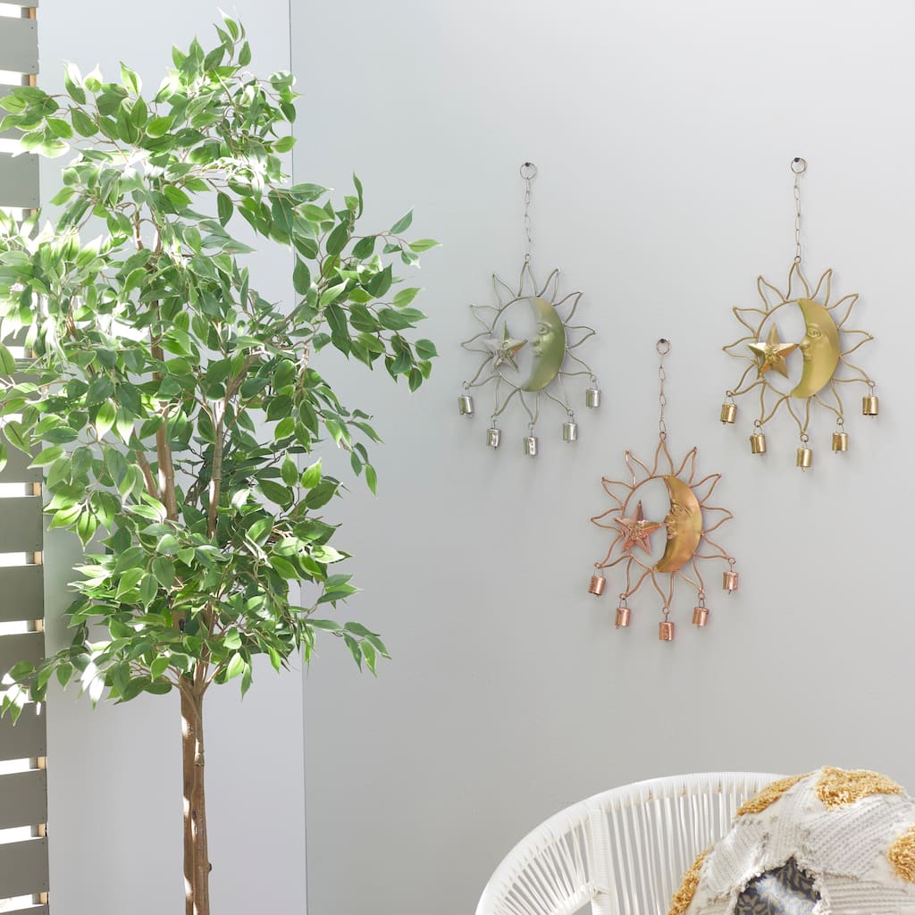 Multi Colored Metal Sun and Moon Windchime with Bells and Chain Ring Hanger (Set of 3)