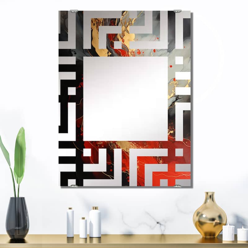 Designart "Red And Gold Marble Volcano V" Abstract Painting Mirror Red - Modern Large Wall Mirror For Bathroom - 32 in. wide x 24 in. high