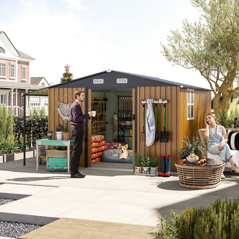 10x12 Ft Outdoor Storage Shed, Extra Large Metal Shed with Lockable Doors, Windows, Outside Steel Tiny House Ideal