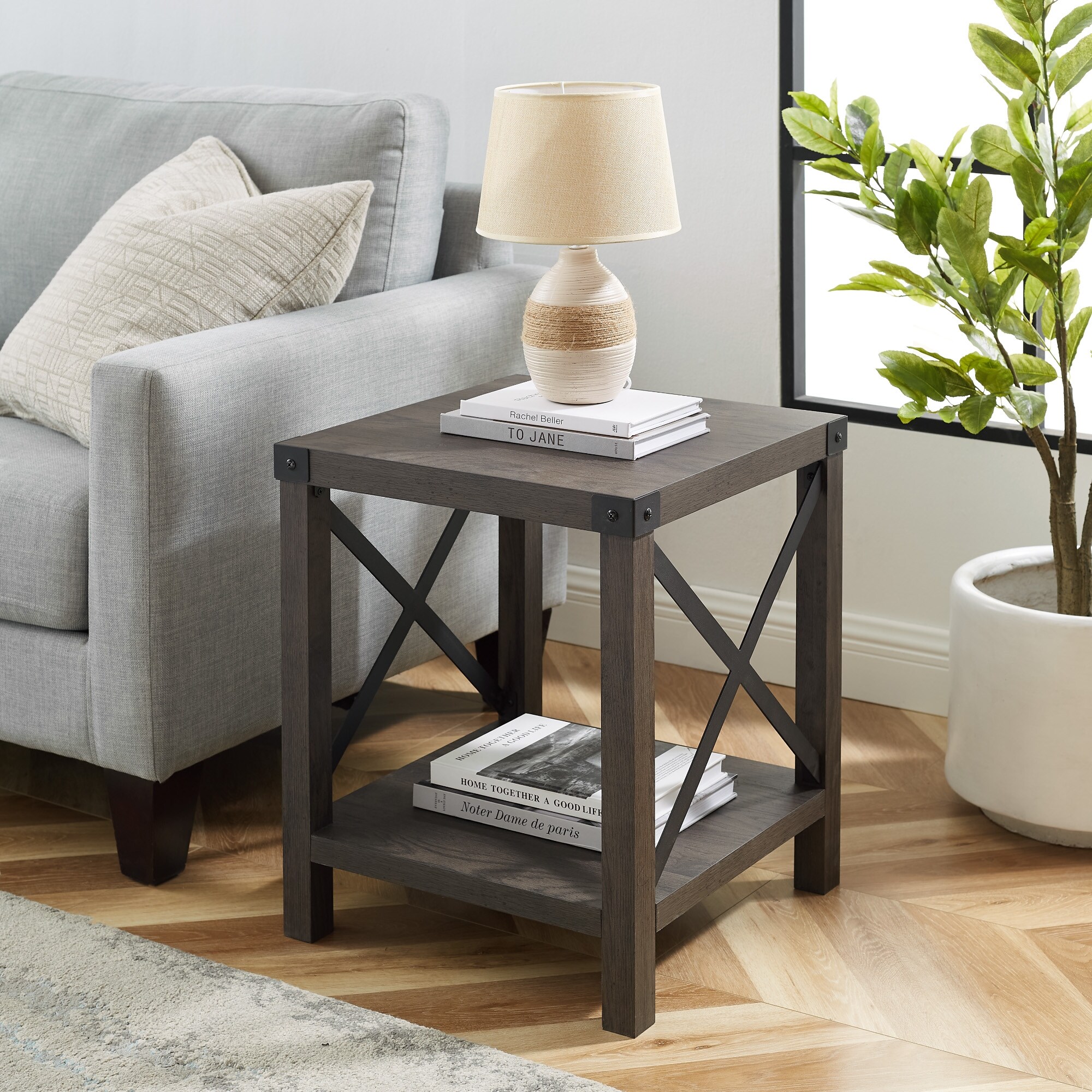 Maja End Table Gray Wash Side Table X-Shaped Frame Bedside Nightstand Sofa End 