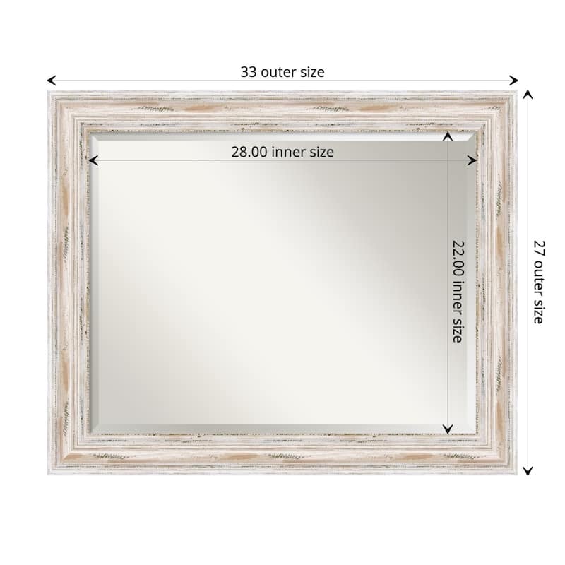 Beveled Wood Bathroom Wall Mirror - Alexandria White Wash Frame - Outer Size: 33 x 27 in