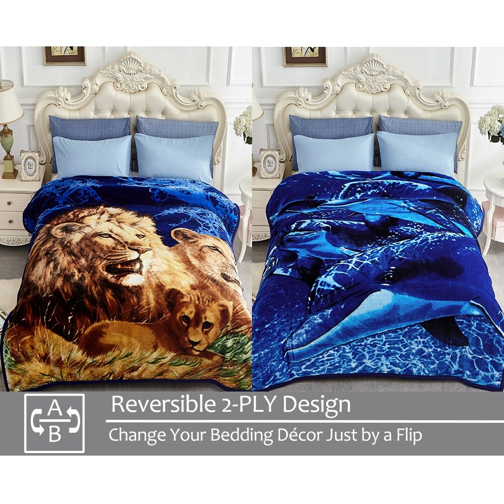 Raschel A B Printed 2 ply Reversible Korean style Plush Fleece Blanket Queen Blue Dolphin