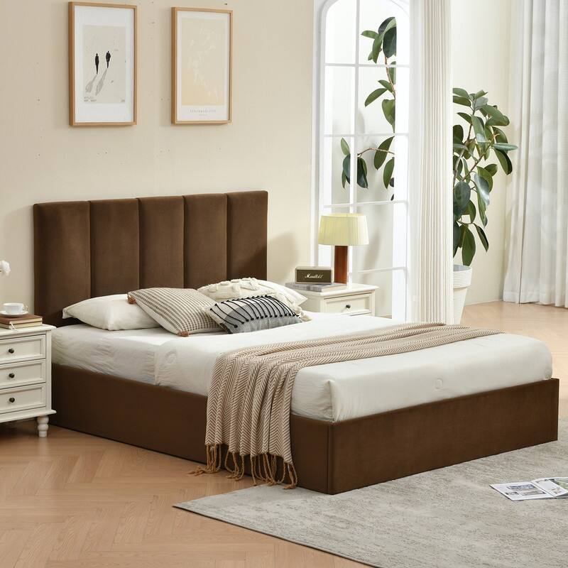 Modern Upholstered Lift-Up Storage Platform Bed with Headboard