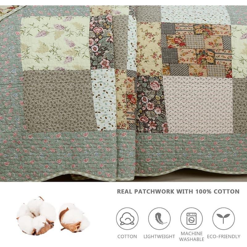 Country Cottage Floral Chic Scalloped Patchwork Cotton 3-Piece Quilt Bedding Set