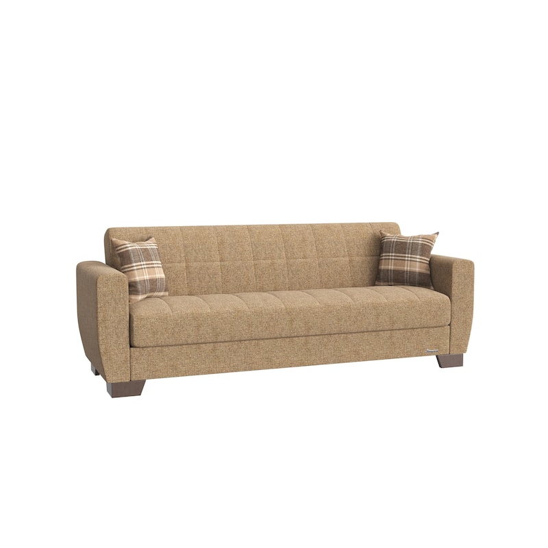 HomeRoots 84" Brown Chenille Convertible Futon Sleeper Sofa With Toss Pillows And Storage
