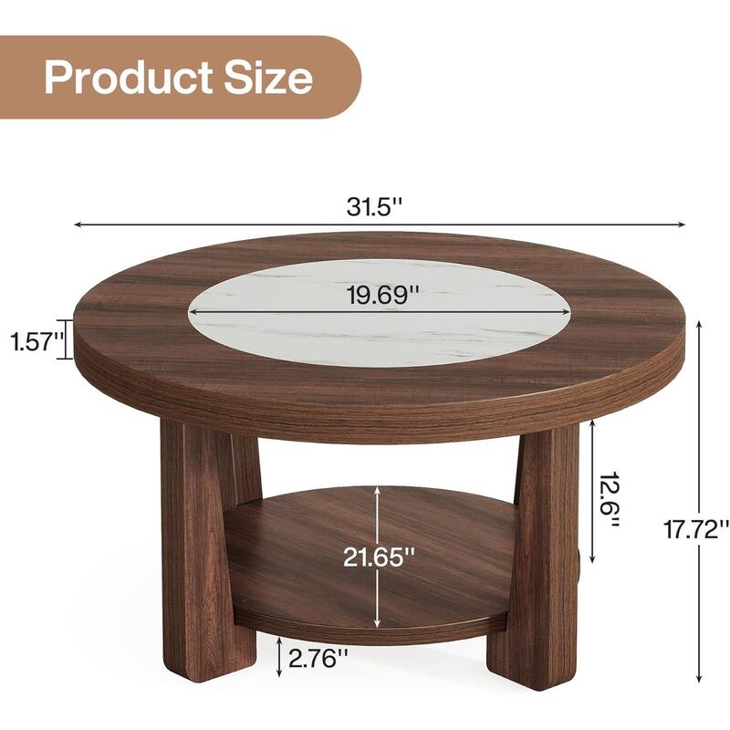 Brown MDF Wood Round Coffee Table with Double Layer Storage and Sturdy L-Legs for Living Room - 31.5"L x 31.5"W x 17.7”H