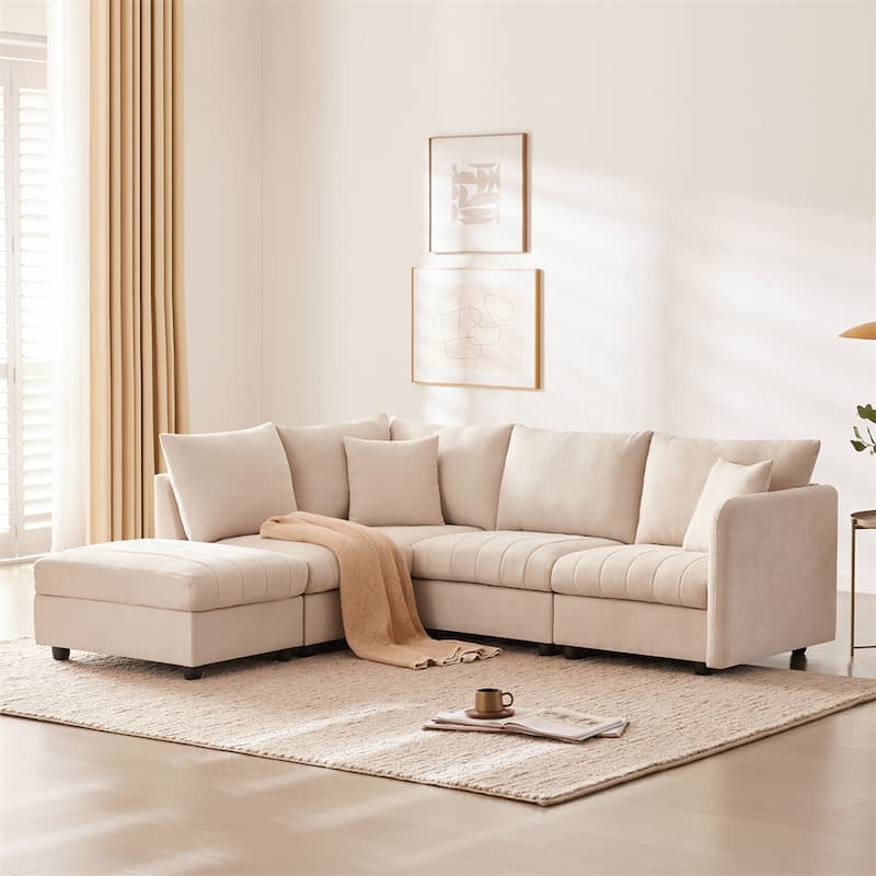 Modern L-Shape 5-Seat Sectional Sofa w/ 2 Pillows, Convertible Ottoman
