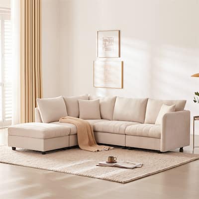 Modern L-Shape 5-Seat Sectional Sofa w/ 2 Pillows, Convertible Ottoman