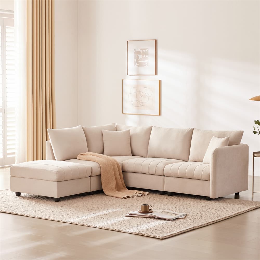 Modern L-Shape 5-Seat Sectional Sofa w/ 2 Pillows, Convertible Ottoman