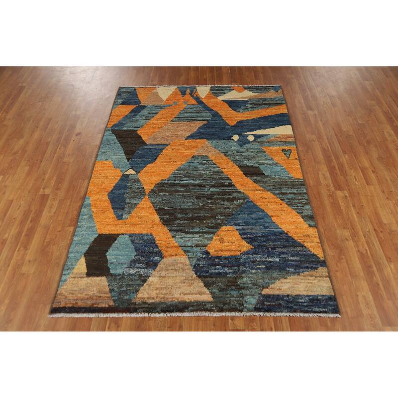 Abstract Geometric Moroccan Oriental Area Rug Hand-Knotted Wool Carpet - 5'5" x 7'9"