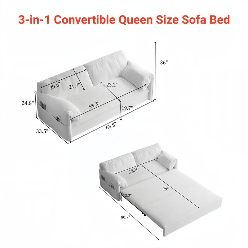 Multi-Functional 63.8" Queen Pull Out Sofa Bed with Side Storage and Wheels - 3-in-1 Convertible Sleeper Sofa