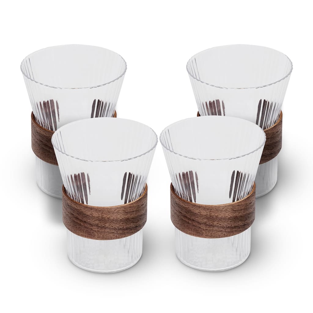 Bruno Magli Set of 4 Whiskey Rock Glasses with Wood Band - 10 oz