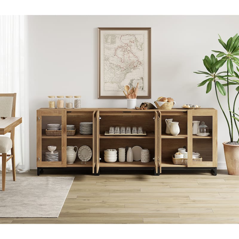 WAMPAT Modern TV Stand with Glass Doors for 110 inch TVs, Entertainment Center Console with Adjustable Shelves and Metal Base