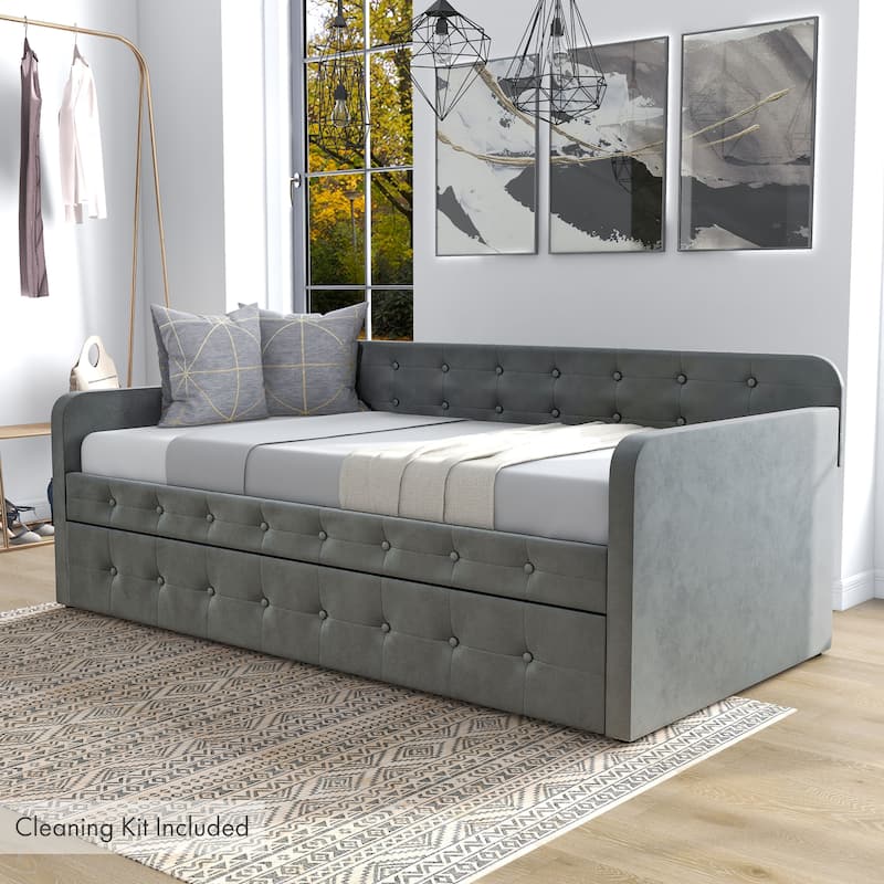 Menzelle Contemporary 2-Piece Twin Upholstered Tufted Day Bed with Trundle by Furniture of America - With Care Kit - Light Grey