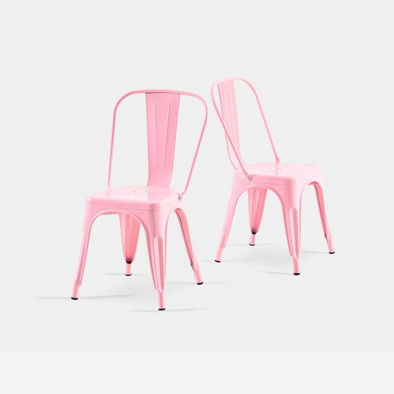 2-Piece Stackable Industrial Dining Chair Set - High Gloss Pink, 18 Inch Seat Height