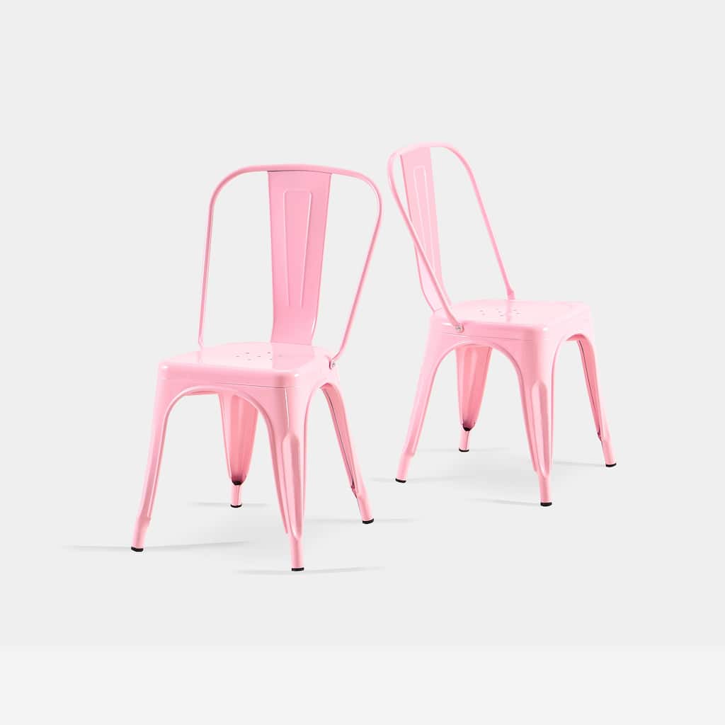 2-Piece Stackable Industrial Dining Chair Set - High Gloss Pink, 18 Inch Seat Height