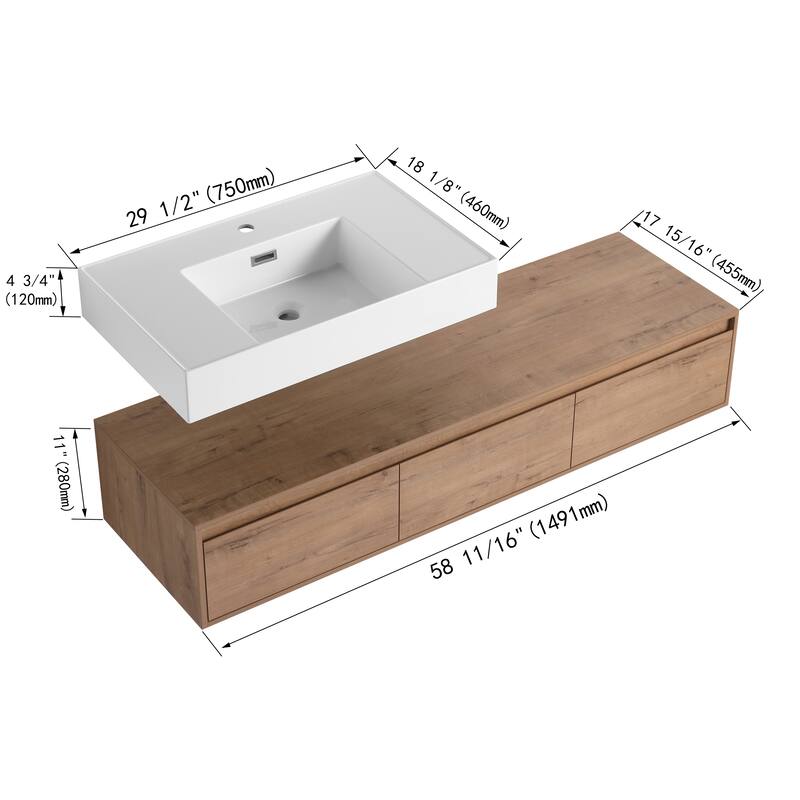 BNK 30/60 inch Floating Single/Double Sink Bathroom Vanity with Soft Close Drawer
