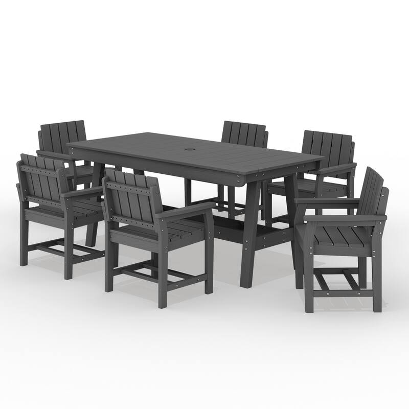 7-Piece HDPE Outdoor & Indoor Dining Set, Rectangular 67.91in W Table with Umbrella Hole and 6 Chairs Set of 7, Wood-Look Finish - Grey