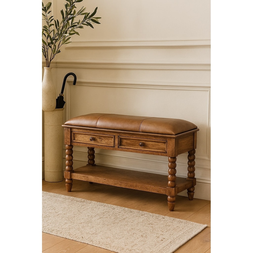 Artisan Furniture Solid Wood Leather Spindle Bench, Brown, Leather,2-Drawers, 1-Shelf