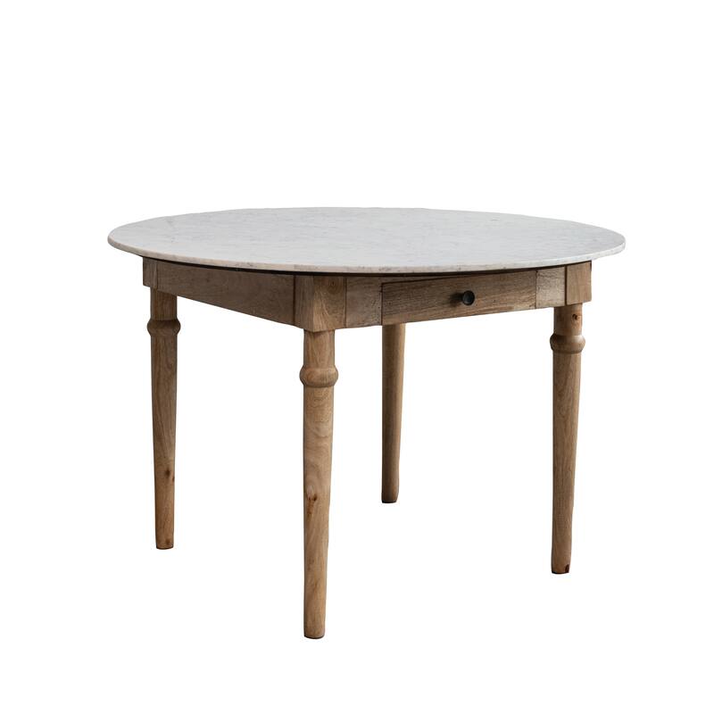 Mango Wood Dining Table with Drawer and Marble Top, White and Natural - 48.0"L x 48.0"W x 30.0"H