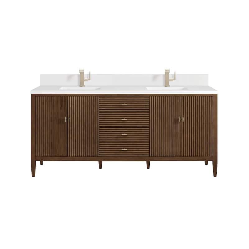 James Martin Vanities Myrrin 72" Vanity, Mid Century Walnut - White Zeus - Single Hole