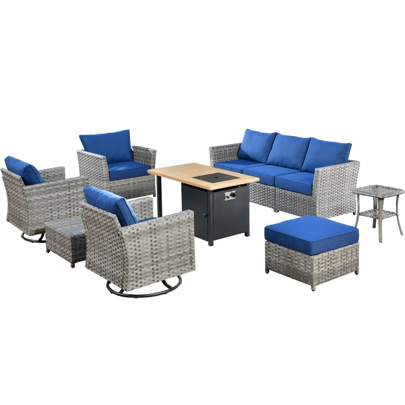 XIZZI 10-piece Outdoor Patio Furniture Rattan Wicker Conversation Sofa Set with Fire Pit