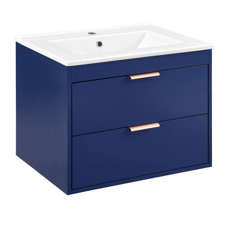 24" Floating Wall Mounted Bathroom Vanity With White Ceramic Sink And Drawer Storage