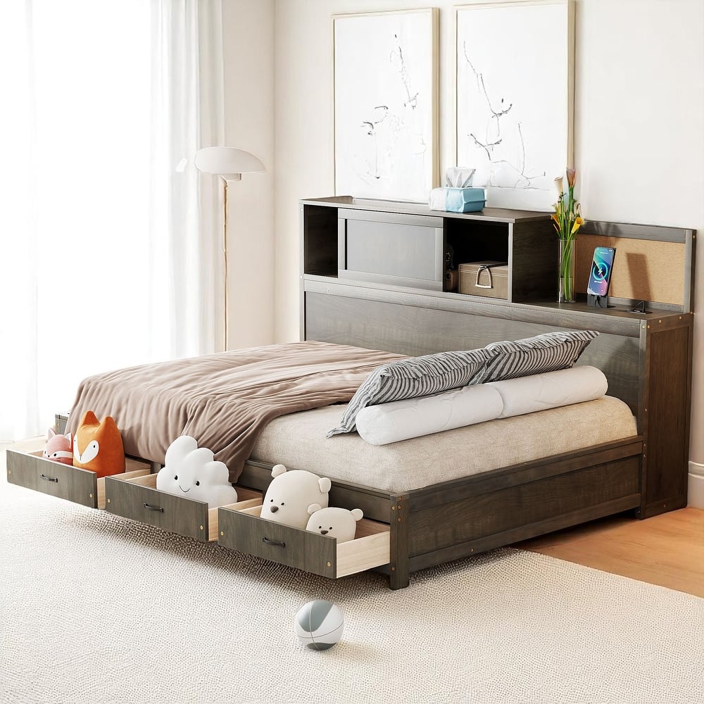 Wood Twin/Full Daybed Frame with Storage Drawers, USB Charging Ports, Shelf, and Headboard Organizer