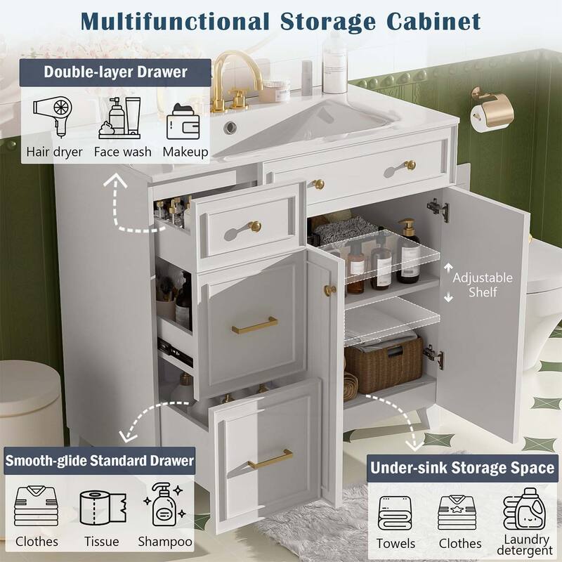 Stylish and Functional Bathroom Vanity with Ceramic Sink,Soft Close Doors,and Double-Layer Drawers for Modern Storage