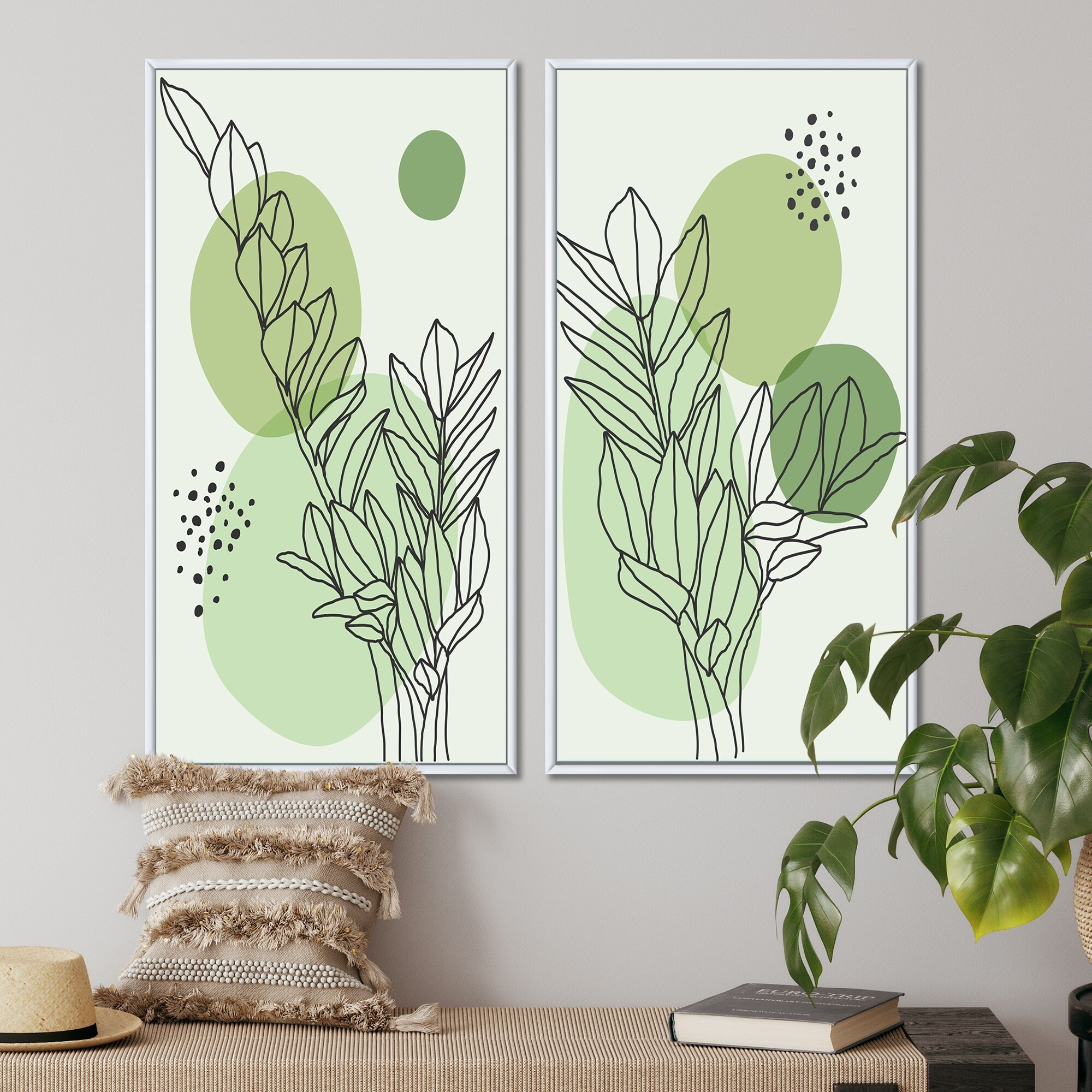 Designart "Green Botanical Abstract Leaves II" Floral Framed Art Set of 2 Pieces