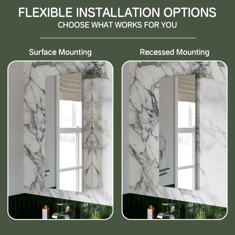 12x30 in Mirrored Medicine Cabinet, Tri-View, Soft-Close Blum Hinges, Recessed/Surface Mount, Anodized Chrome Aluminum