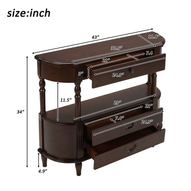 Retro 43" Curved Wood Console Table with 3 Drawers and Open Shelf, Sofa Table Behind Couch for Living Room and Hallway Storage