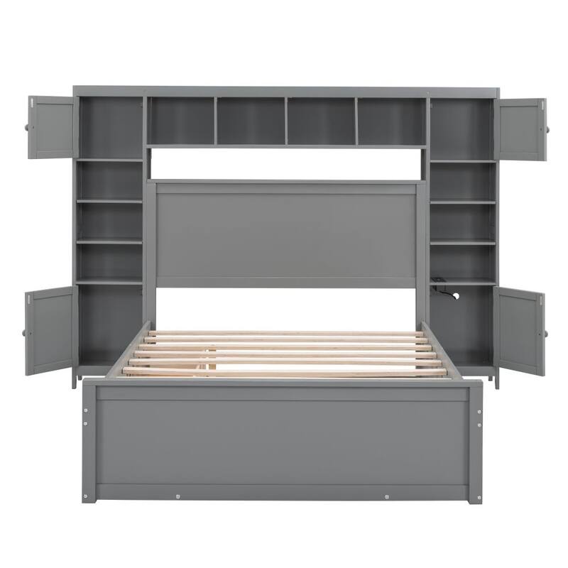 Full Size Wooden Bed With All-in-One Cabinet, Shelf and Sockets