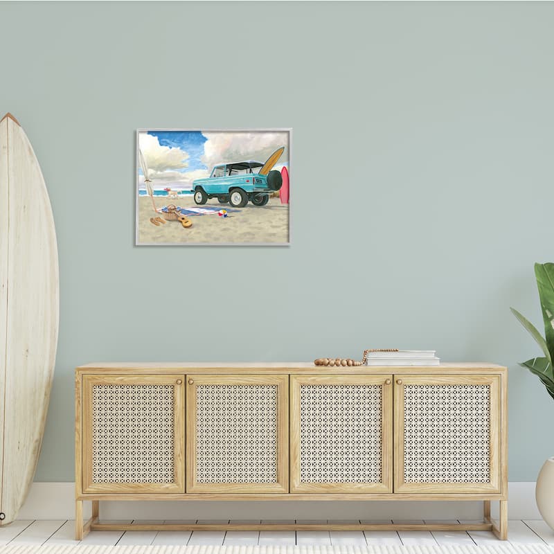 Stupell Summer Sandy Beach Cruiser Surfboard Coastal Dog Framed Wall Art - Blue