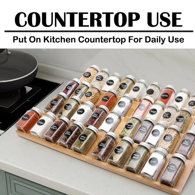 Bamboo Spice Drawer Organizer,4 Tier In Drawer Spices Rack Expandable From 13"to26",Stackable Seasoning Storage Organizer Insert