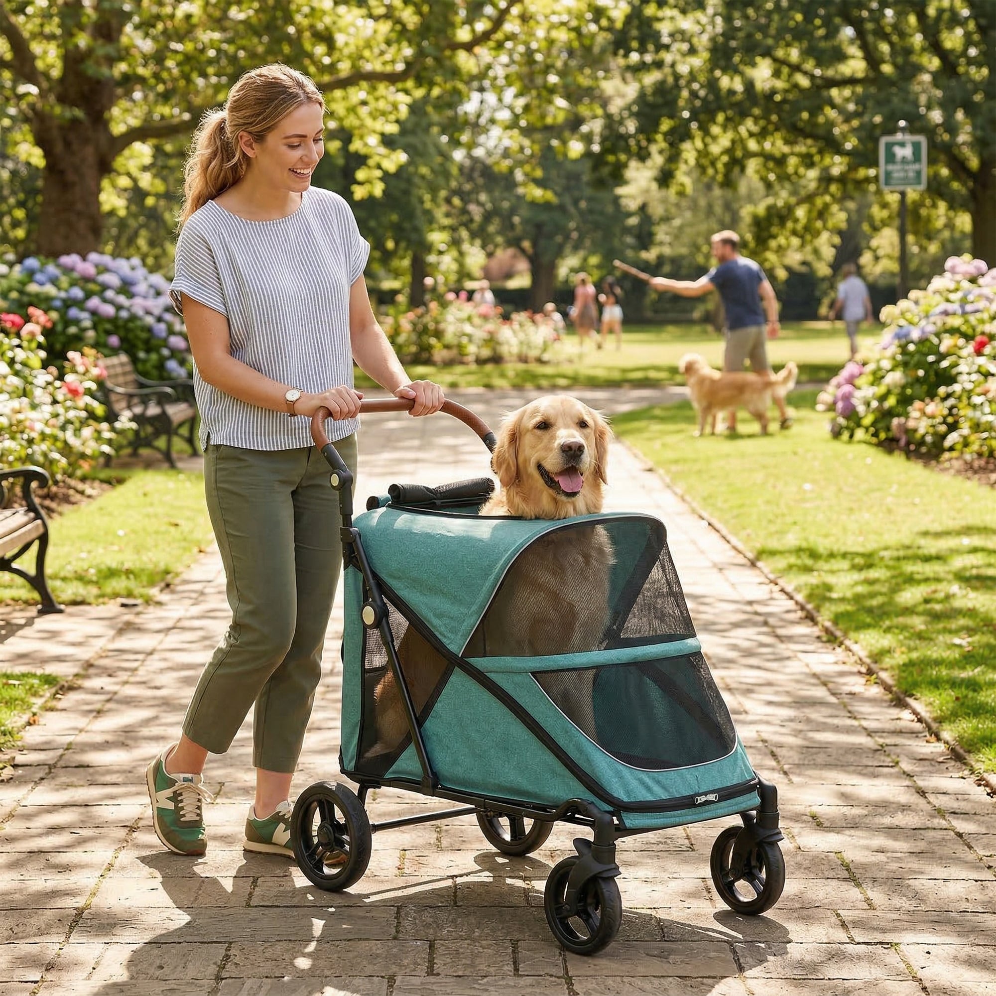 PawHut Dog Stroller for Large Dogs, 4-Wheel Folding Pet Wagon with Suspension, Adjustable Handle, Mesh Window, Gray