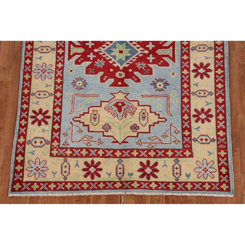 Light Blue Geometric Kazak Rug Hand-Knotted Bedroom Wool Carpet - 4'2" x 5'8"