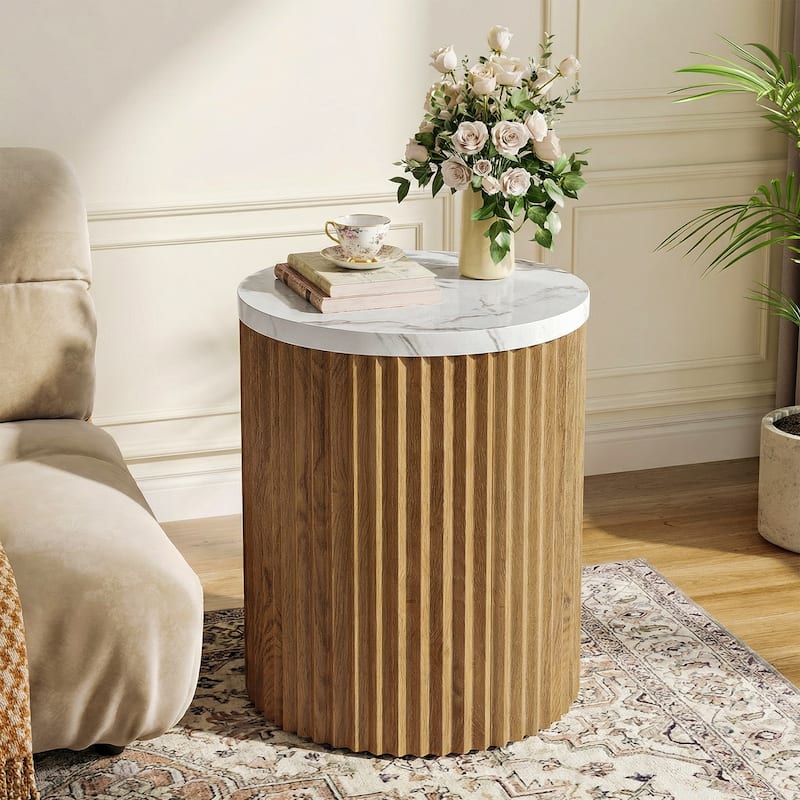 Round Fluted Side Table, Small End Table with Faux Marble Tabletop and Drum Pedestal