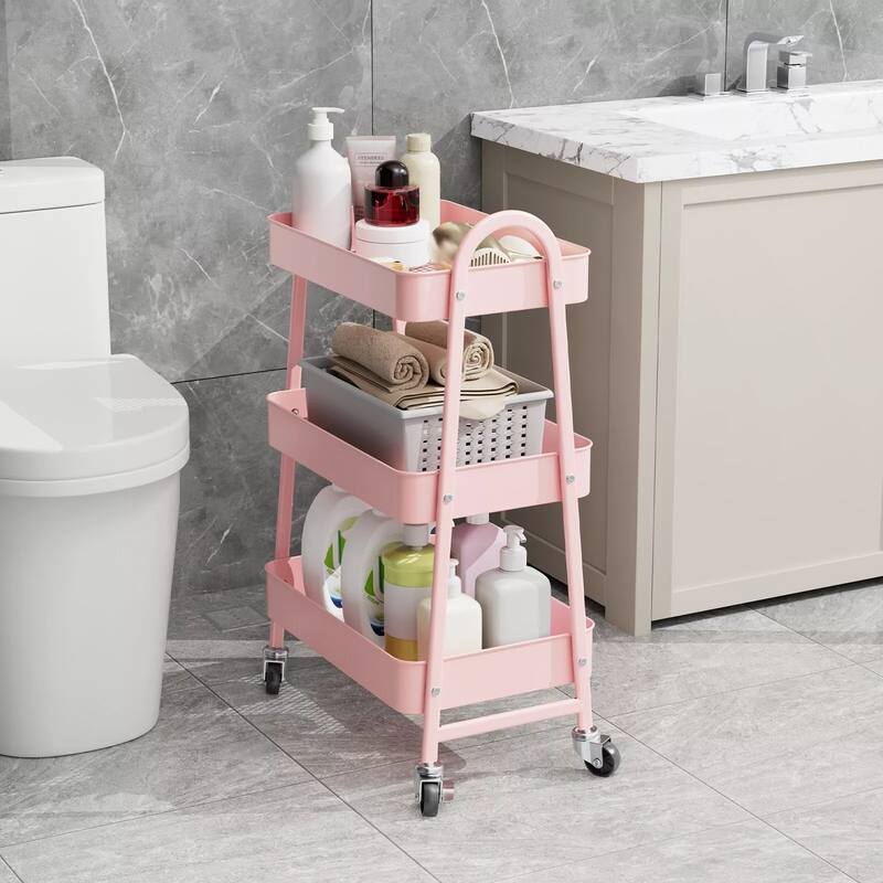 3-Tier Metal Rolling Utility Cart Multifunctional Organizer with Handle and Lockable Wheels - 17.4"D x 12.04"W x 31.02"H