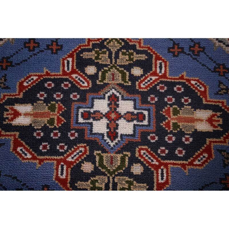 Geometric Blue Kazak Oriental Runner Rug Hand-Knotted Wool Carpet - 2'7"x 8'0"